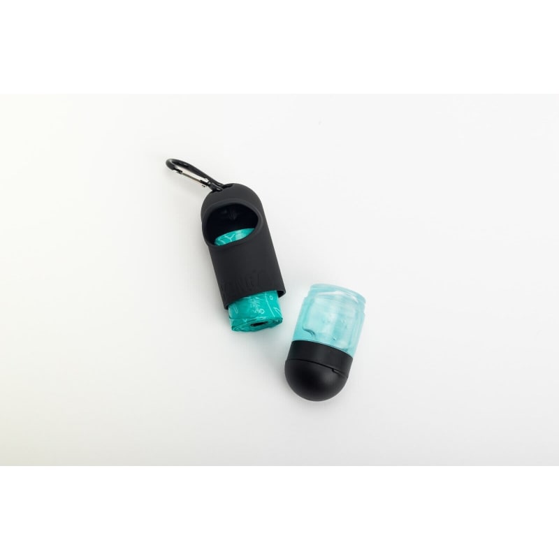 Poop bag dispenser with hand sanitiser outlet