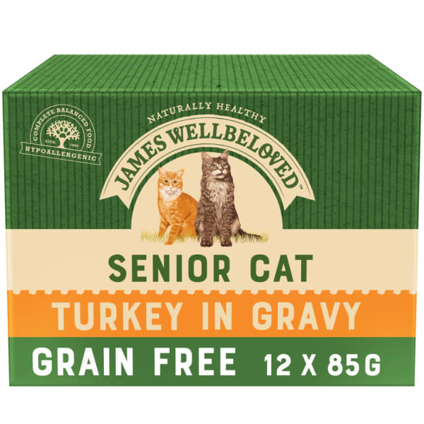Image of James Wellbeloved Grain Free Senior Cat Wet Food Pouch - Turkey, 12 x 85g - Turkey in Gravy