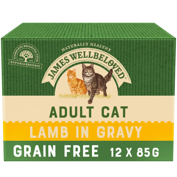Image of James Wellbeloved Grain Free Adult Cat Wet Food Pouch - Lamb in Gravy, 12 x 85g - Lamb in Gravy