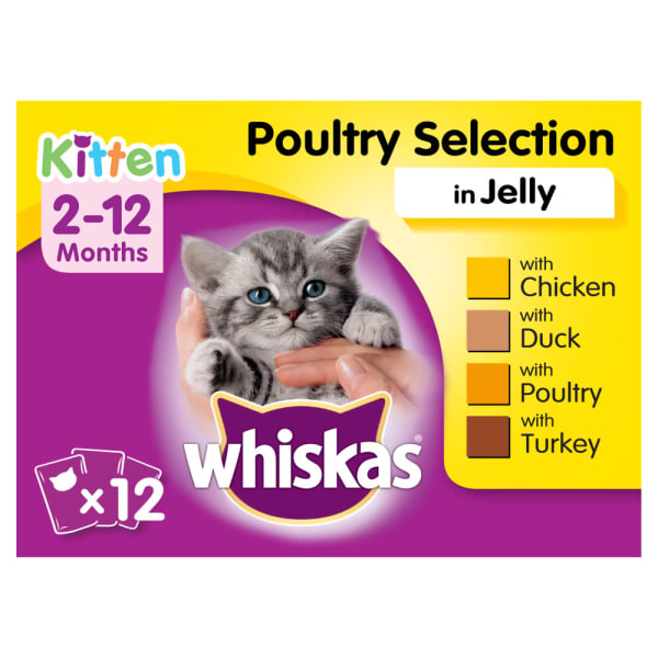 Image of Whiskas 2-12 Months Kitten Wet Cat Food Pouches - Poultry Selection in Jelly, 12 x 100g - Poultry Selection in Jelly