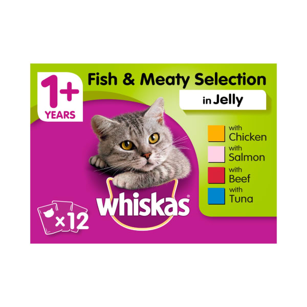 Image of Whiskas Adult 1+ Wet Cat Food Pouches - Fish & Meaty Selection in Jelly, 12 x 100g - Fish & Meaty Selection in Jelly