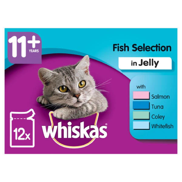 Image of Whiskas 11+ Senior Wet Cat Food - Fish Selection in Jelly, 12 x 100g - Fish Selection in Jelly