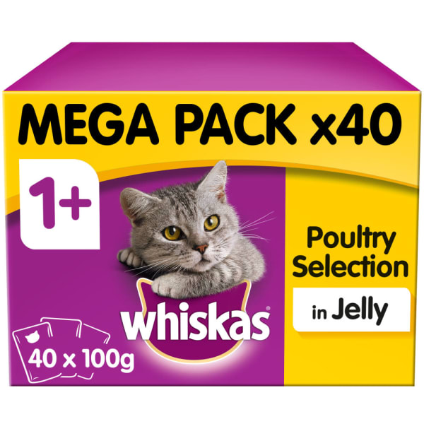 Image of WHISKAS 1+ Cat Pouches Poultry Selection in Jelly, 40 x 100g - Poultry Selection in Jelly