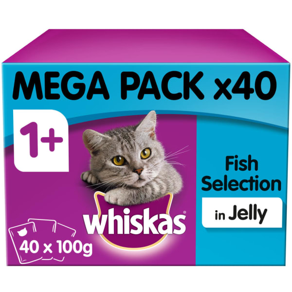 Image of WHISKAS 1+ Cat Pouches Fish Selection in Jelly 40x100g Mega Pack + Pure Delight Sample, 40 x 100g - Fish Selection in Jelly