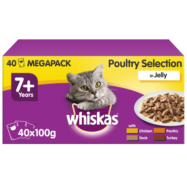 Image of Whiskas Senior 7+ Wet Cat Food Pouches - Poultry Selection in Jelly, 40 x 100g - Poultry Selection in Jelly