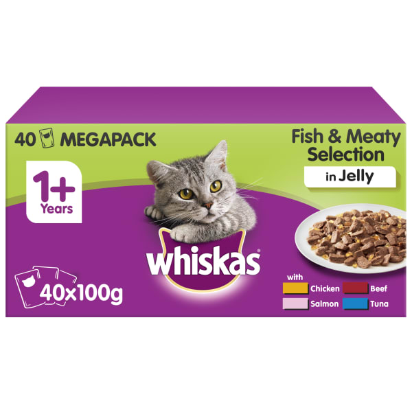 Image of Whiskas Adult 1+ Wet Cat Food Pouches - Fish & Meaty Selection in Jelly Megapack, 40 x 100g - Fish & Meaty Selection in Jelly