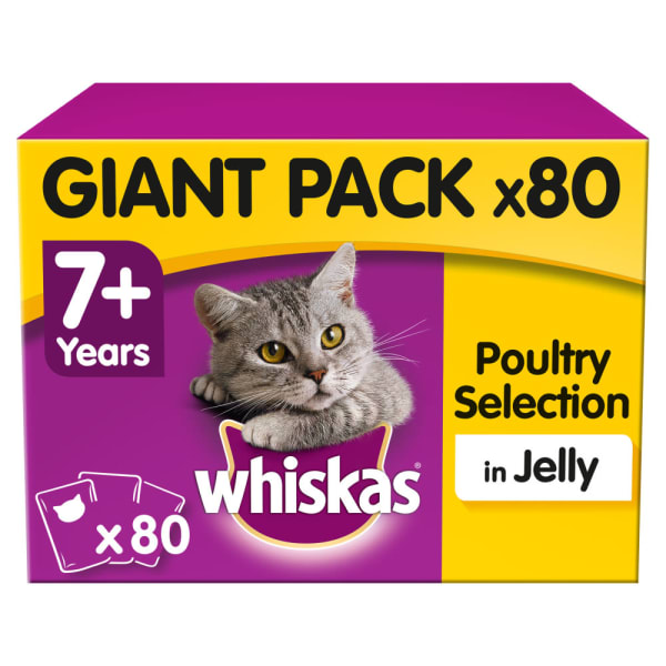 Image of Whiskas 7+ Cat Pouches Adult Giant Pack - Poultry Selection in Jelly, 80 x 85g - Poultry Selection in Jelly