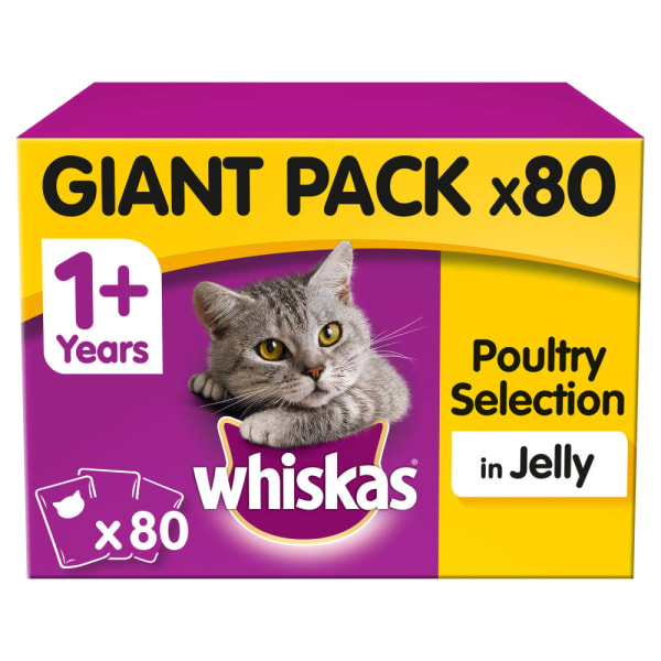 Image of WHISKAS 1+ Cat Pouches Poultry Selection in Jelly 80x100g Giant Pack, 80 x 85g