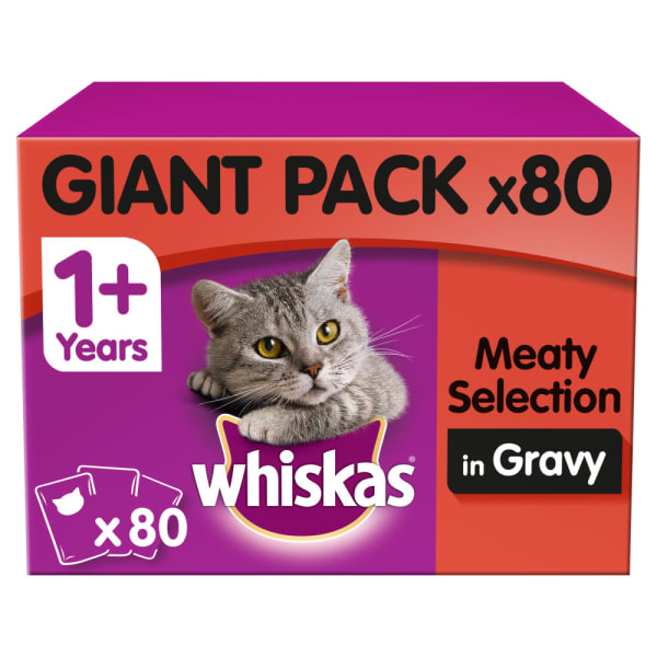 Image of WHISKAS 1+ Cat Pouches Meat Selection in Gravy 80x100g Giant Pack, 80 x 85g