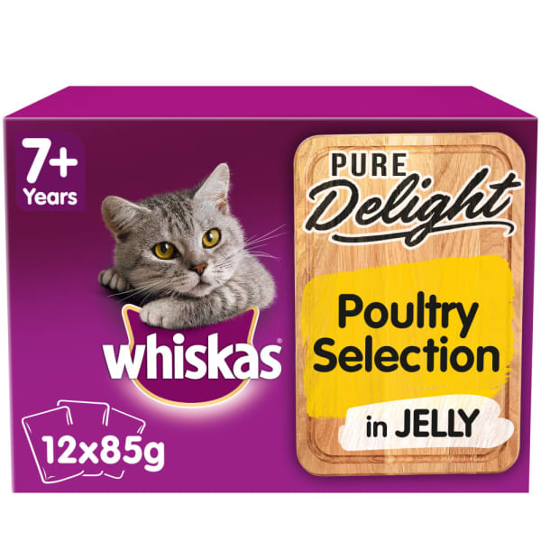 Image of Whiskas Pure Delight Senior 7+ Wet Cat Food Pouches - Poultry Selection in Jelly, 12 x 85g - Poultry Selection in Jelly