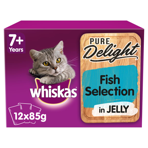 Image of Whiskas Pure Delight Senior 7+ Wet Cat Food Pouches - Fish Selection in Jelly, 12 x 85g - Fish Selection in Jelly