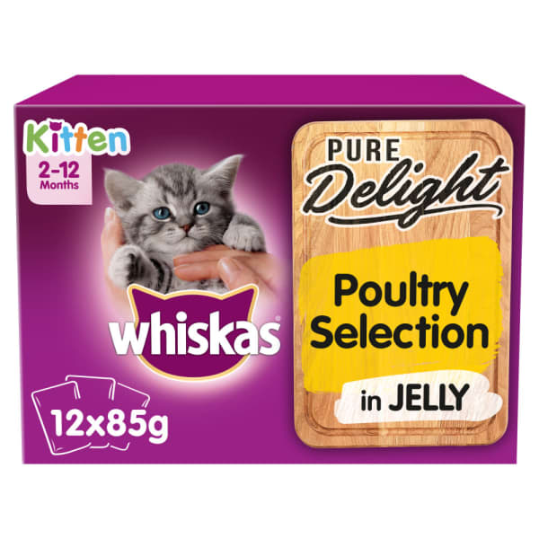 Image of Whiskas Pure Delight Kitten 2-12months Wet Cat Food Pouches - Poultry Selection in Jelly, 12 x 85g - Poultry Selection in Jelly