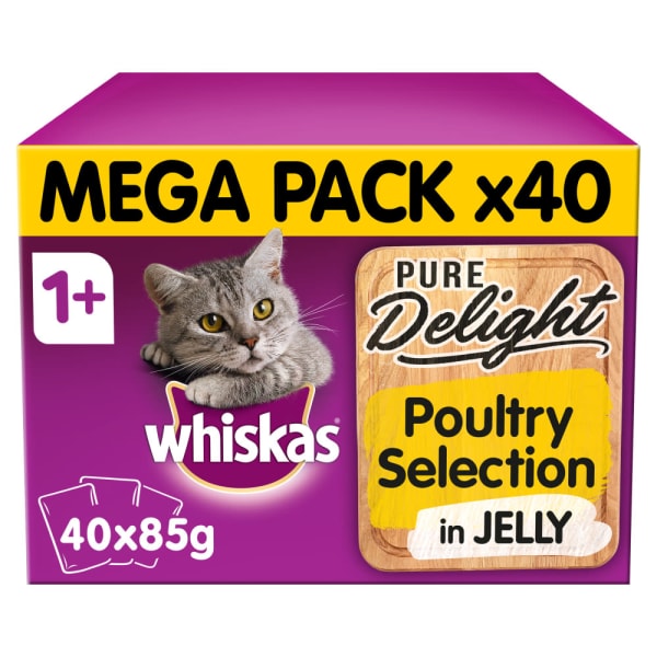 Image of Whiskas Pure Delight Adult 1+ Wet Cat Food Pouches -Poultry Selection in Jelly, 40 x 85g - Poultry Selection in Jelly