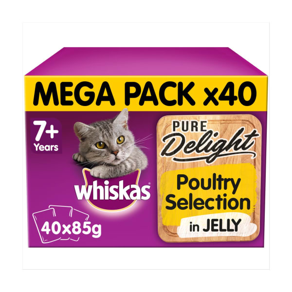 Image of WHISKAS 7+ Cat Pouches Pure Delight Poultry Selection in Jelly 40x85g pack, 40 x 85g