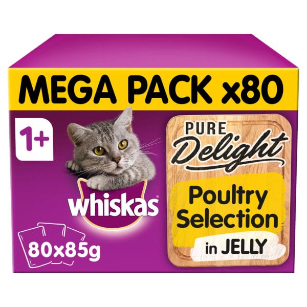 Image of Whiskas Pure Delight Adult 1+ Wet Cat Food Pouches - Poultry Selection in Jelly, 80 x 85g - Poultry Selection in Jelly