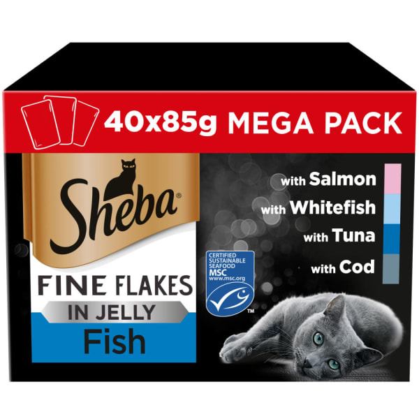 Image of Sheba Fine Flakes Adult/Senior Cat Wet Food Pouches - Fish Selection in Jelly, 12 x 85g - Fish Selection in Jelly