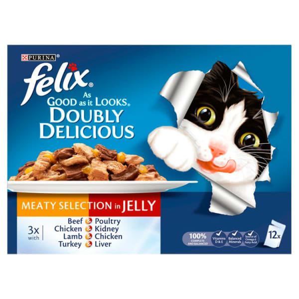 Image of Felix Doubly Delicious Meat Cat Food, 40 x 100g - Meaty selection in Jelly