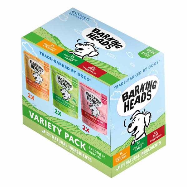 Image of Barking Heads Adult Dog Food Wet Pouches Variety Pack, 6 x 300g - Beef, Chicken & Lamb