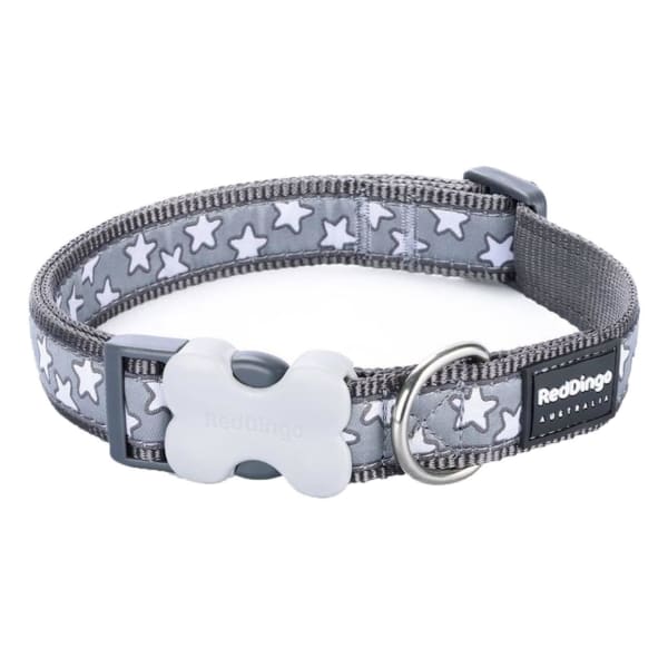 Image of Red Dingo Stars White on Grey Dog Collar, Extra Small