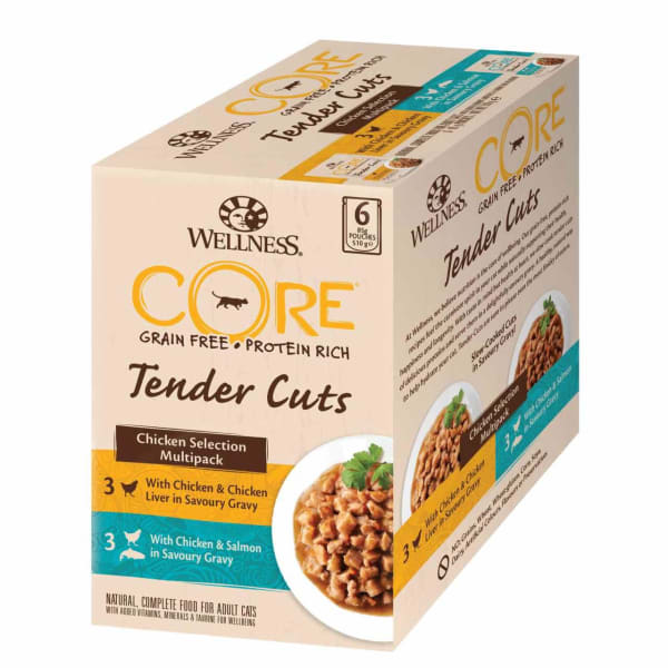Image of Wellness Core Grain-free Wet Cat Food Tender Cuts Chicken Selection, 6 x 85g - Chicken & Salmon