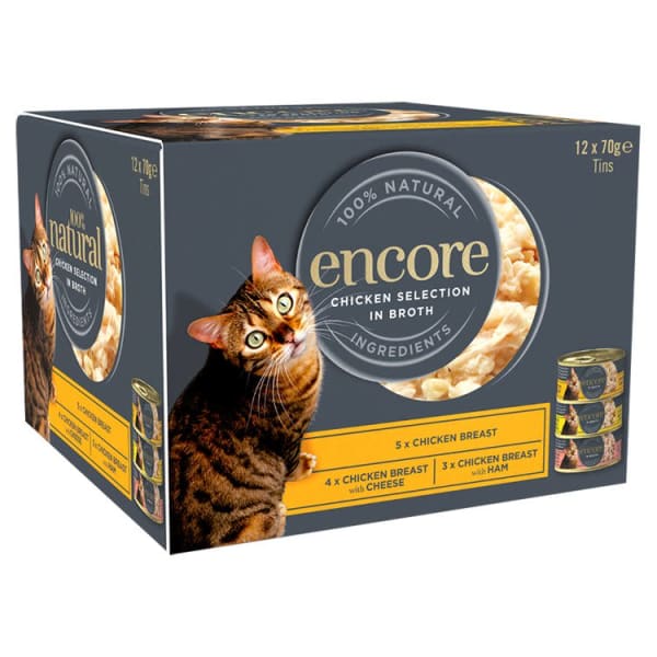 Image of Encore Adult Wet Cat Food Tin - Chicken Selection in Broth, 12 x 70g