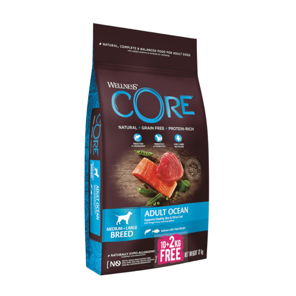 Image of Wellness Core Grain Free Dry Dog Food Ocean Salmon with Tuna 10+2kg Free 12kg, 10kg + 2kg Free