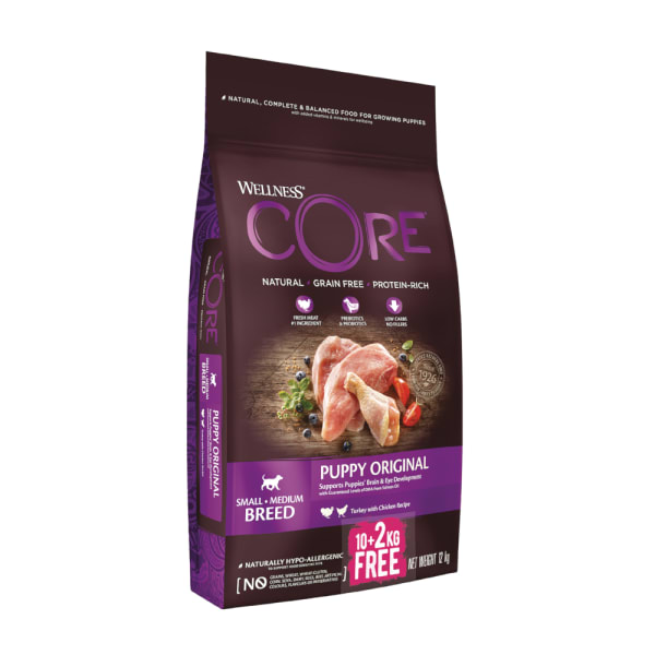 Image of Wellness Core Grain Free Puppy Dry Food Turkey with Chicken 10+2kg Free 12kg, 10kg + 2kg Free
