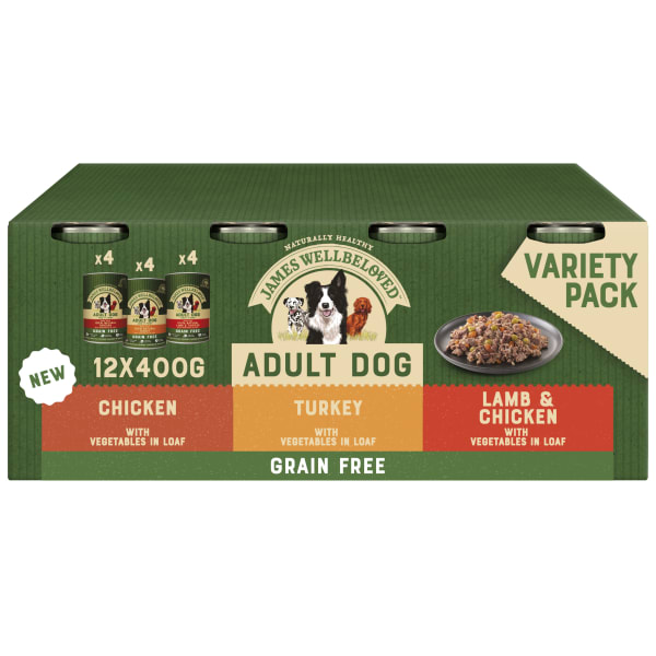 Image of James Wellbeloved Grain-free Adult Wet Dog Food - Variety Pack in Loaf, 12 x 400g (Wet)