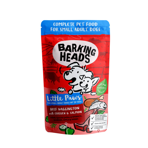 Image of Barking Heads Little Paws Waggington Adult Wet Dog Food in Pouches - Beef, Chicken & Salmon, 10 x 150g - Beef, Chicken & Salmon
