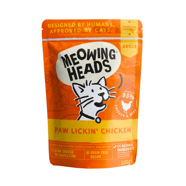 Image of Meowing Heads Paw Lickin’ Adult Wet Cat Food in Pouches - Chicken & Beef, 10 x 100g - Chicken & Beef