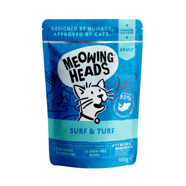 Image of Meowing Heads Surf & Turf Adult Wet Cat Food in Pouches - Fish, Chicken & Beef, 10 x 100g - Fish, Chicken & Beef