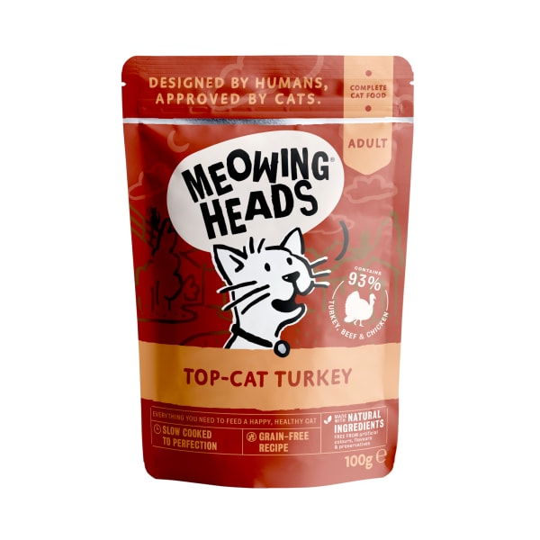 Image of Meowing Heads Top-Cat Adult Wet Cat Food in Pouches - Turkey, Chicken & Beef, 10 x 100g - Turkey, Chicken & Beef