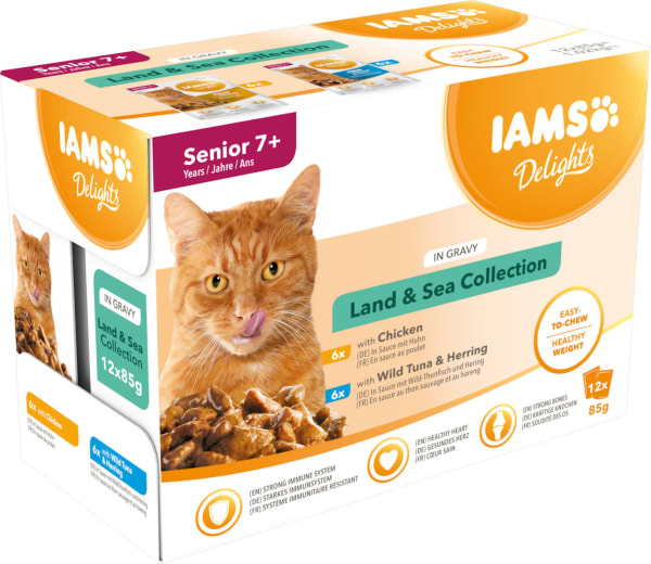 Image of Iams Delights Senior Wet Cat Food - Land & Sea Collection in Gravy, 12 x 85g - Land & Sea Collection in Gravy